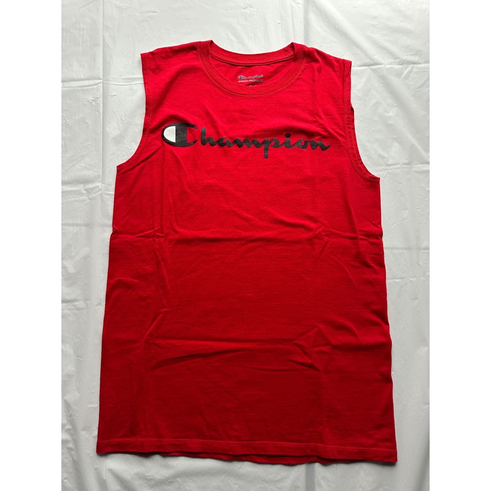 Champion Mens Red Sleeveless Muscle Tee Script Logo Cotton Tank Top Small